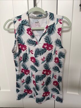 Puma White Sleeveless Polo with Pink Floral & Teal Palm Prints